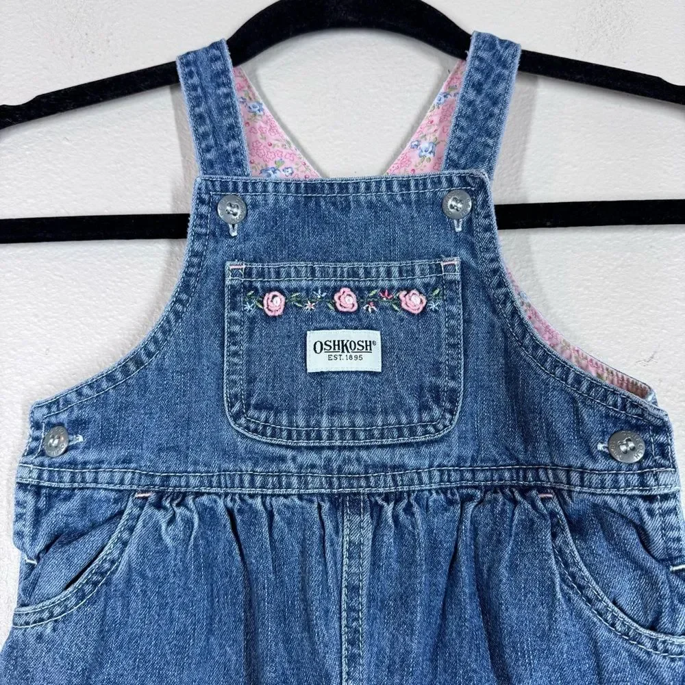Oshkosh Vintage Baby Girl Rose Floral Denim Bib Overalls Patchwork Quilt 18 Mo